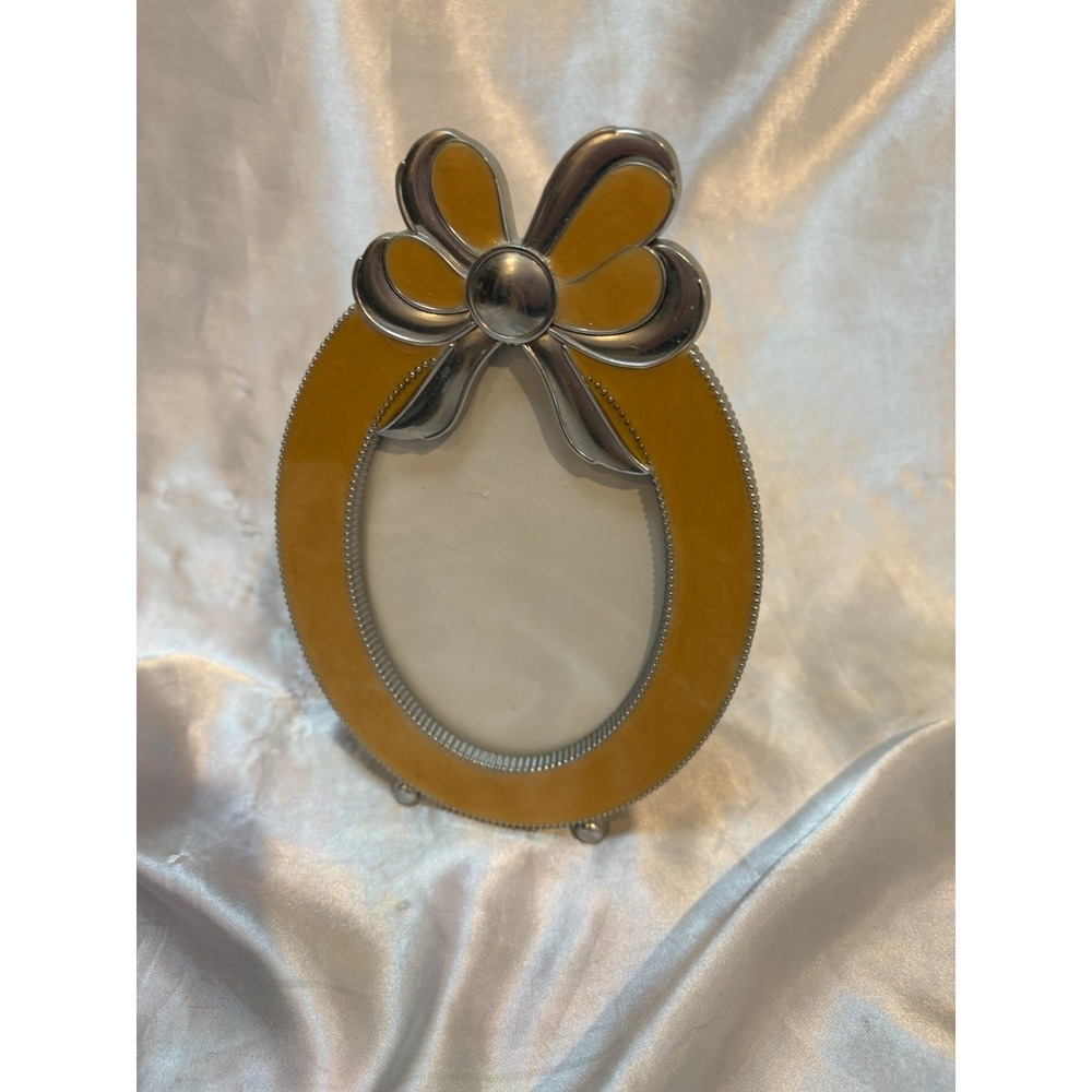 Silver Tone Yellow Enamel Bow Oval Picture Frame Beaded Edge Tabletop